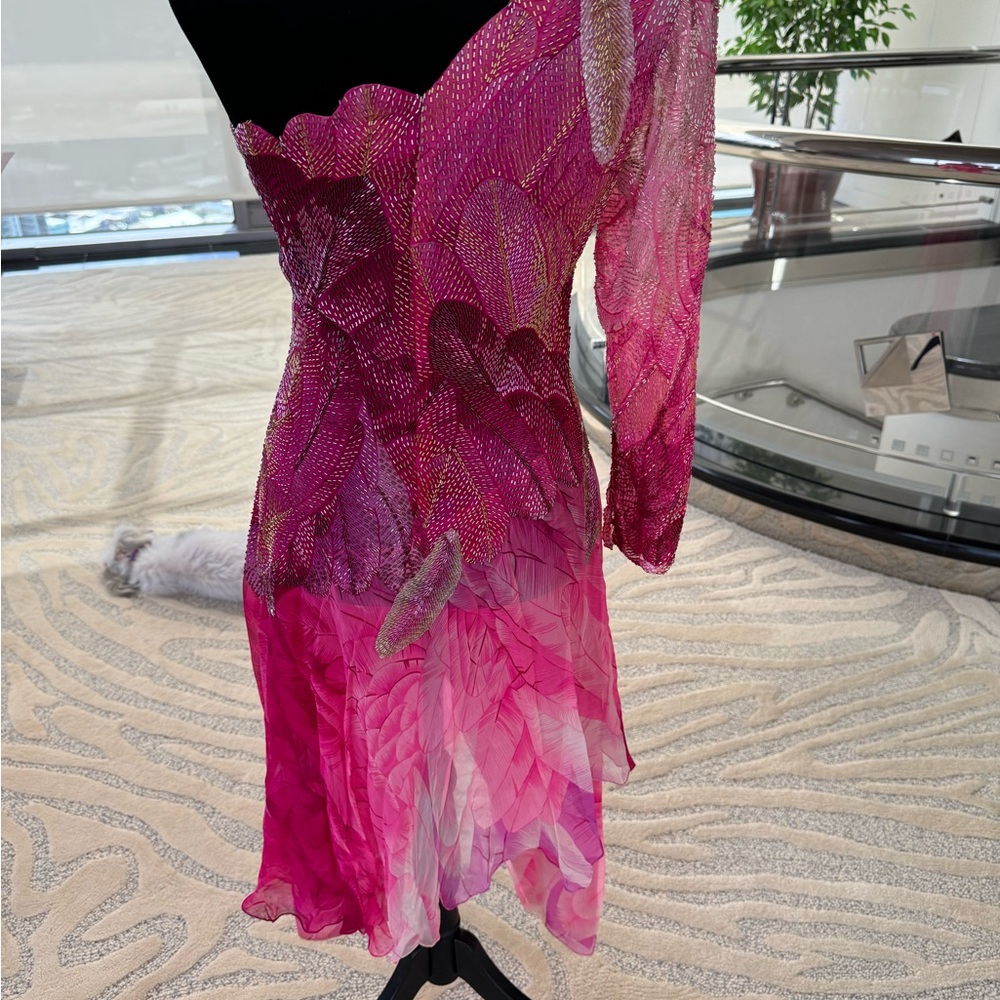 Vintage Hanae Mori Vibrant Fuchsia Hand Beaded Asymmetrical Dress